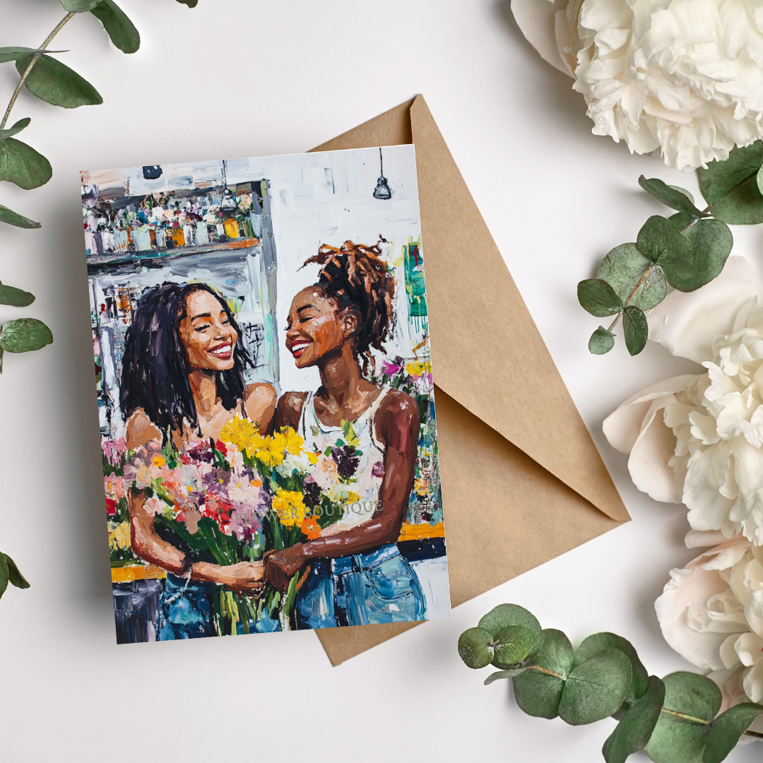 Afro Art Floral Illustration, Black Woman with Bouquet –Greeting Card for Appreciation & Gratitude