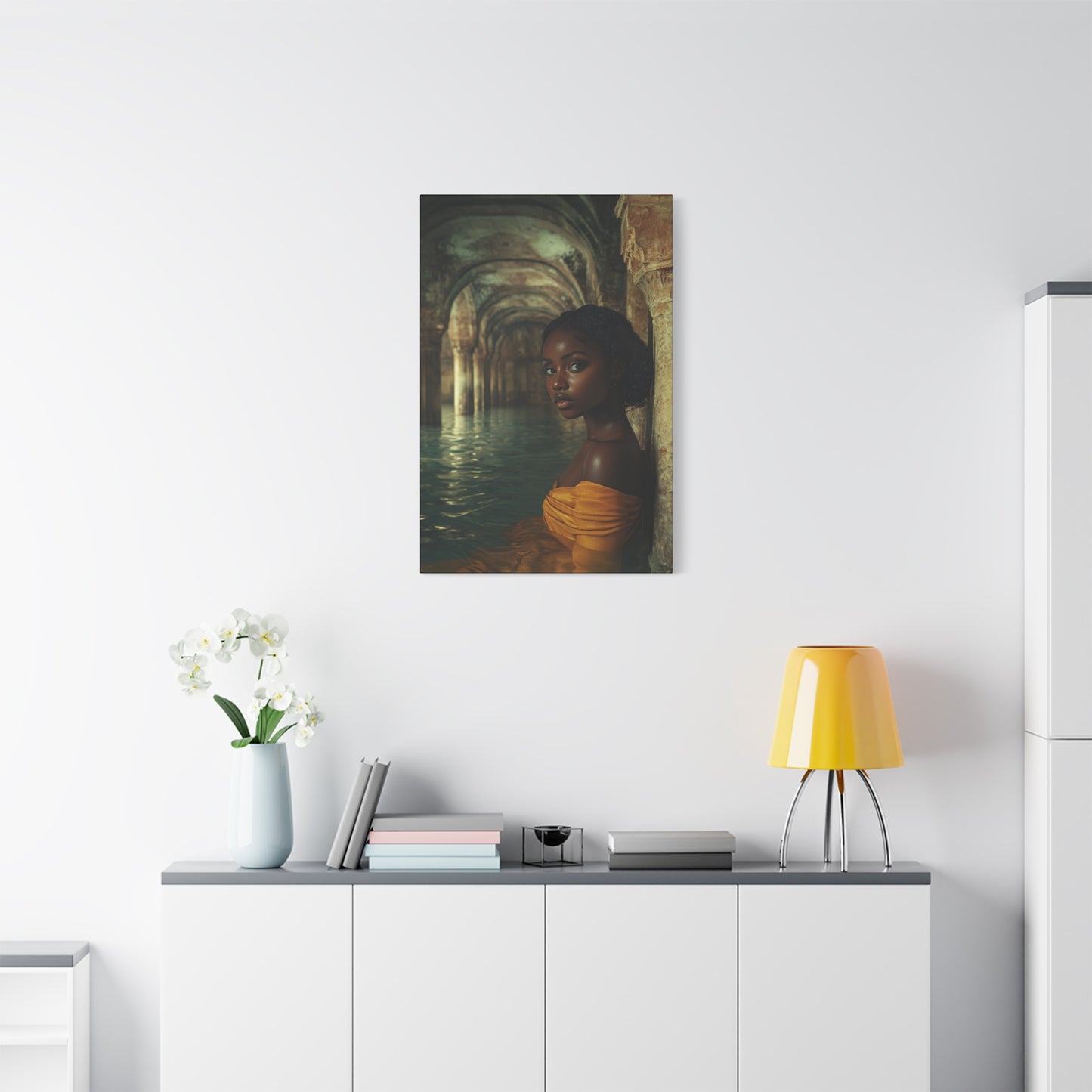 Golden Reverie: Muse in Mediterranean Solitude – Canvas Wall Art - Elegant Stretched Canvas Art Print