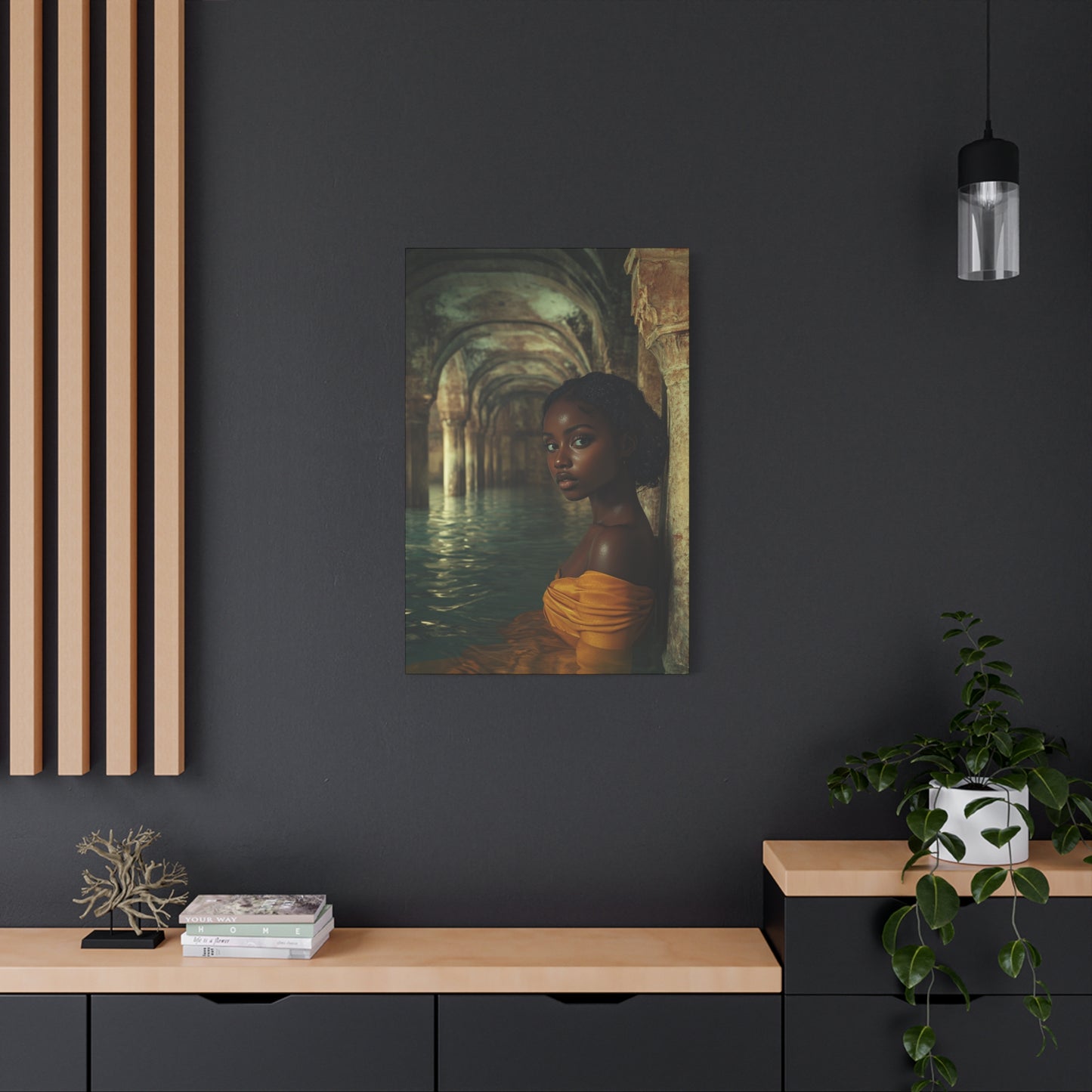 Golden Reverie: Muse in Mediterranean Solitude – Canvas Wall Art - Elegant Stretched Canvas Art Print