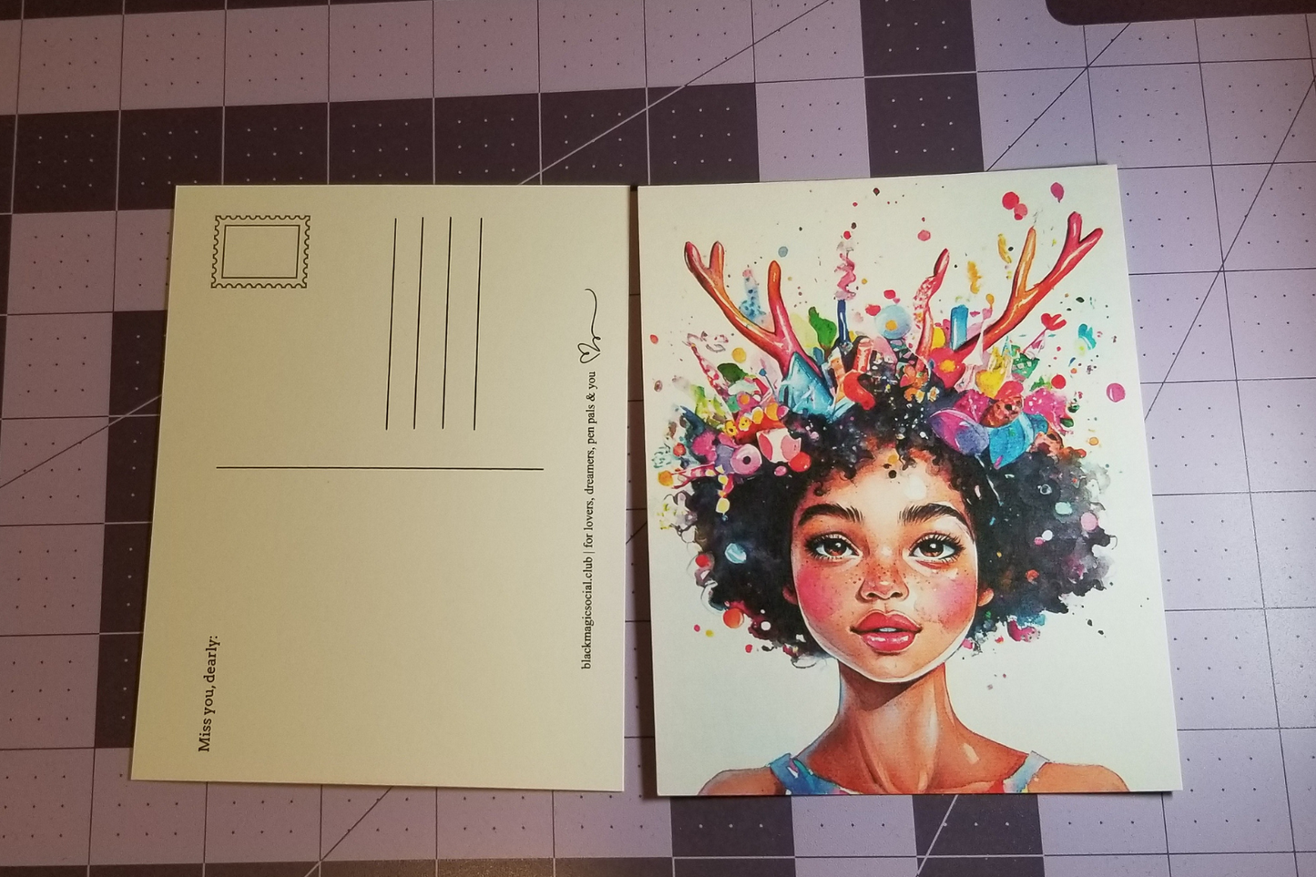 "Miss You Dearly" – Vibrant Afro-Fantasy Postcard | Dreamers & Pen Pals | Free Shipping