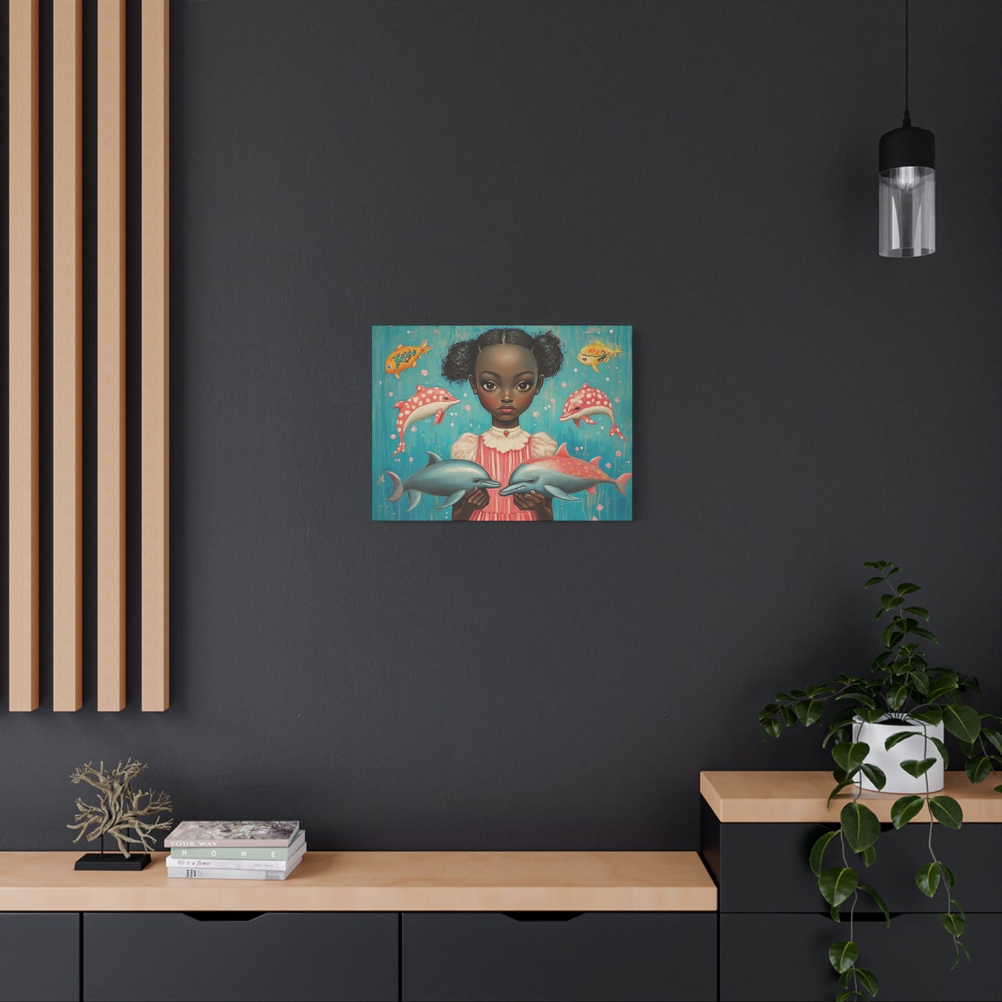 On the Horizon - Stretched Canvas Art - Black Girl with Dolphins Underwater Fantasy - Depth 1.25"
