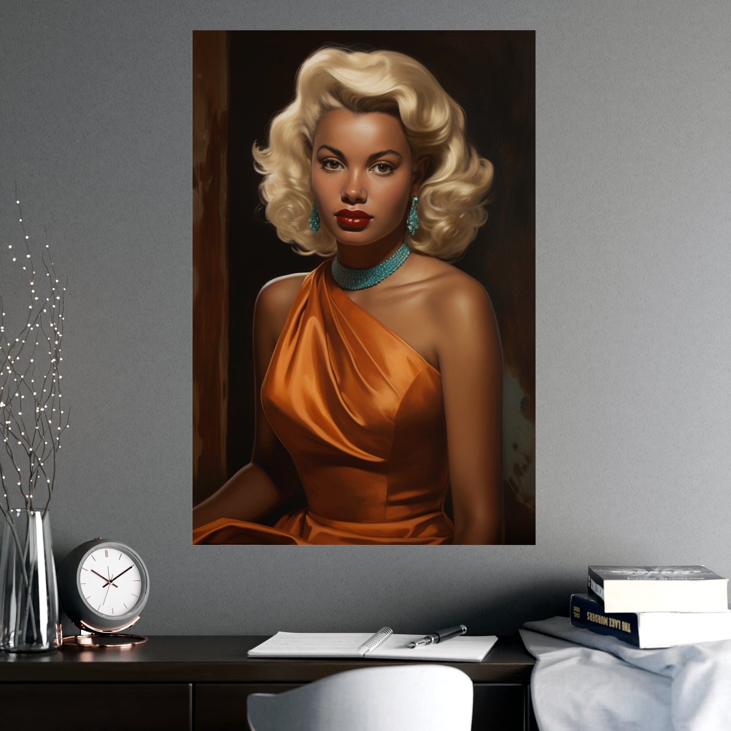 Olai the Vamp | Vintage Black Art| Old Hollywood Glamour Poster Art Print | Orange Dress | Free Shipping