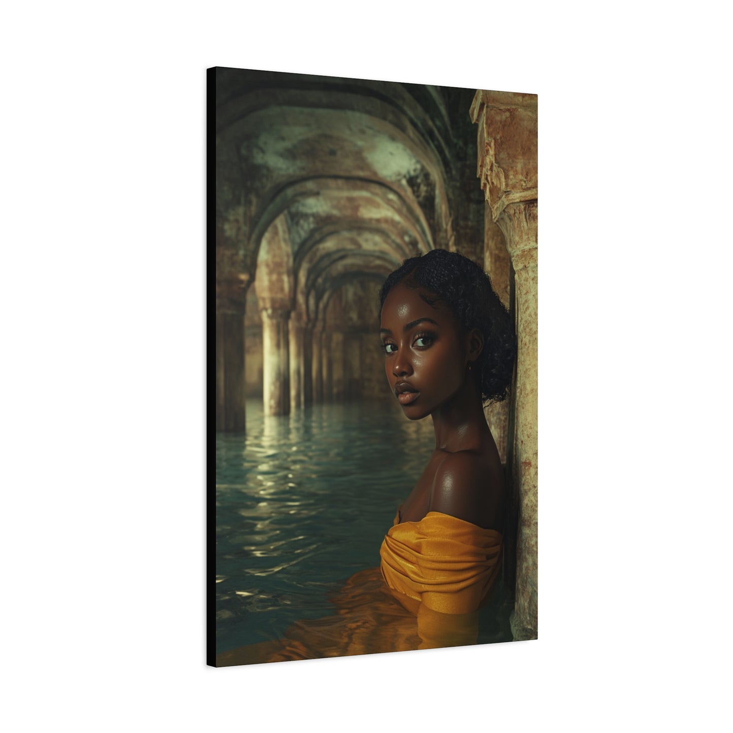 Golden Reverie: Muse in Mediterranean Solitude – Canvas Wall Art - Elegant Stretched Canvas Art Print