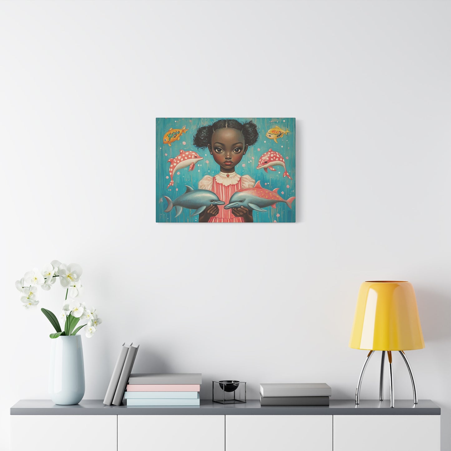 On the Horizon - Stretched Canvas Art - Black Girl with Dolphins Underwater Fantasy - Depth 1.25"