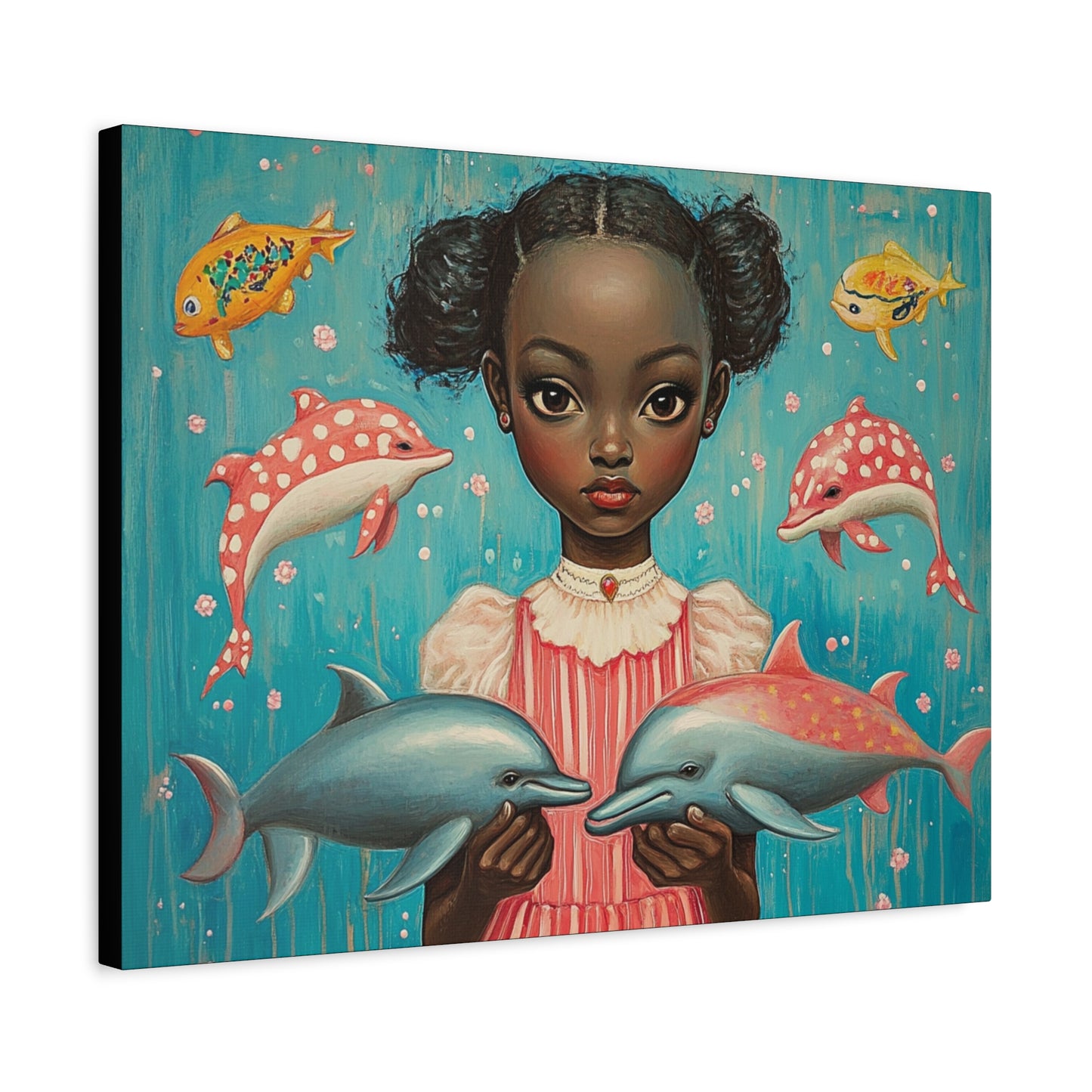 On the Horizon - Stretched Canvas Art - Black Girl with Dolphins Underwater Fantasy - Depth 1.25"