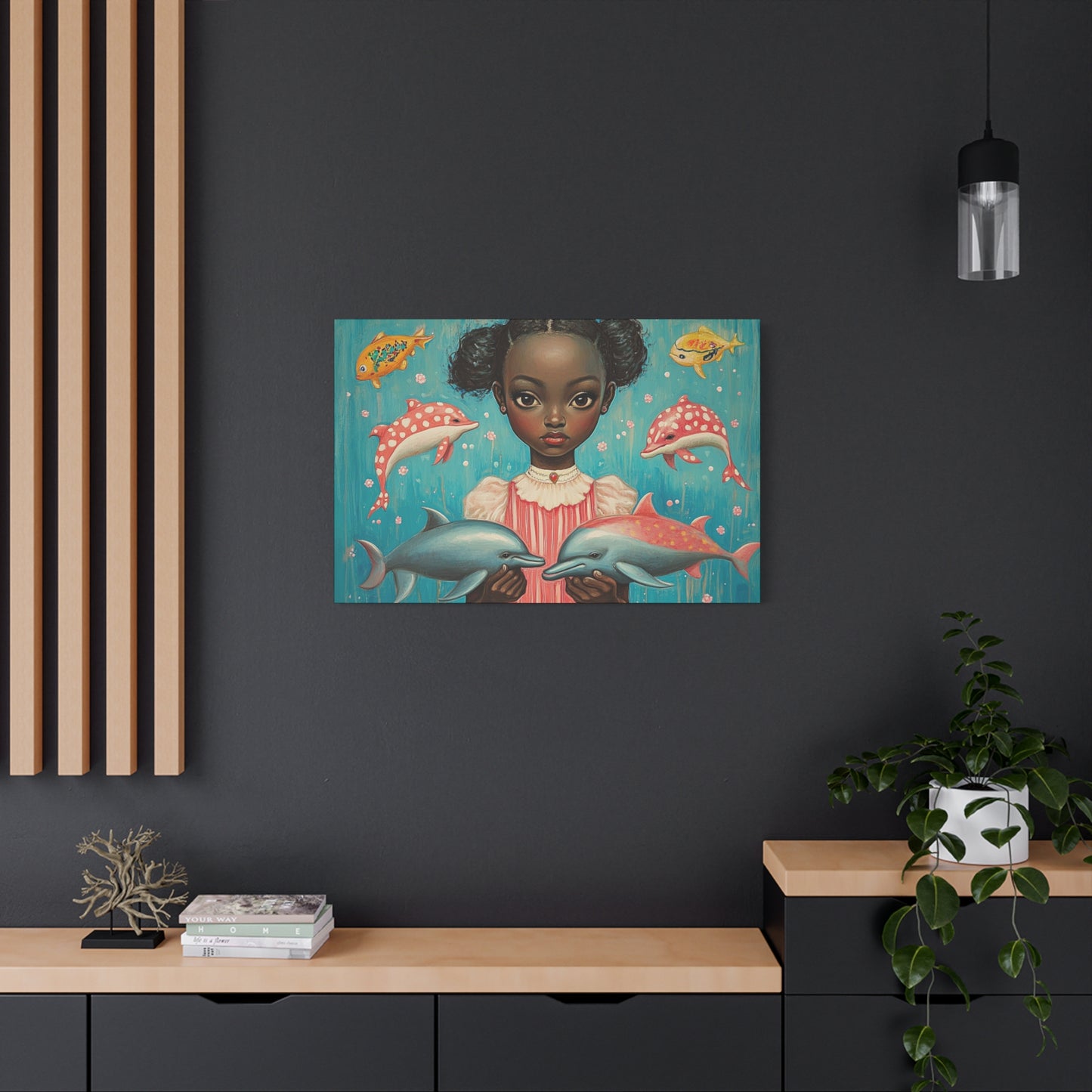 On the Horizon - Stretched Canvas Art - Black Girl with Dolphins Underwater Fantasy - Depth 1.25"