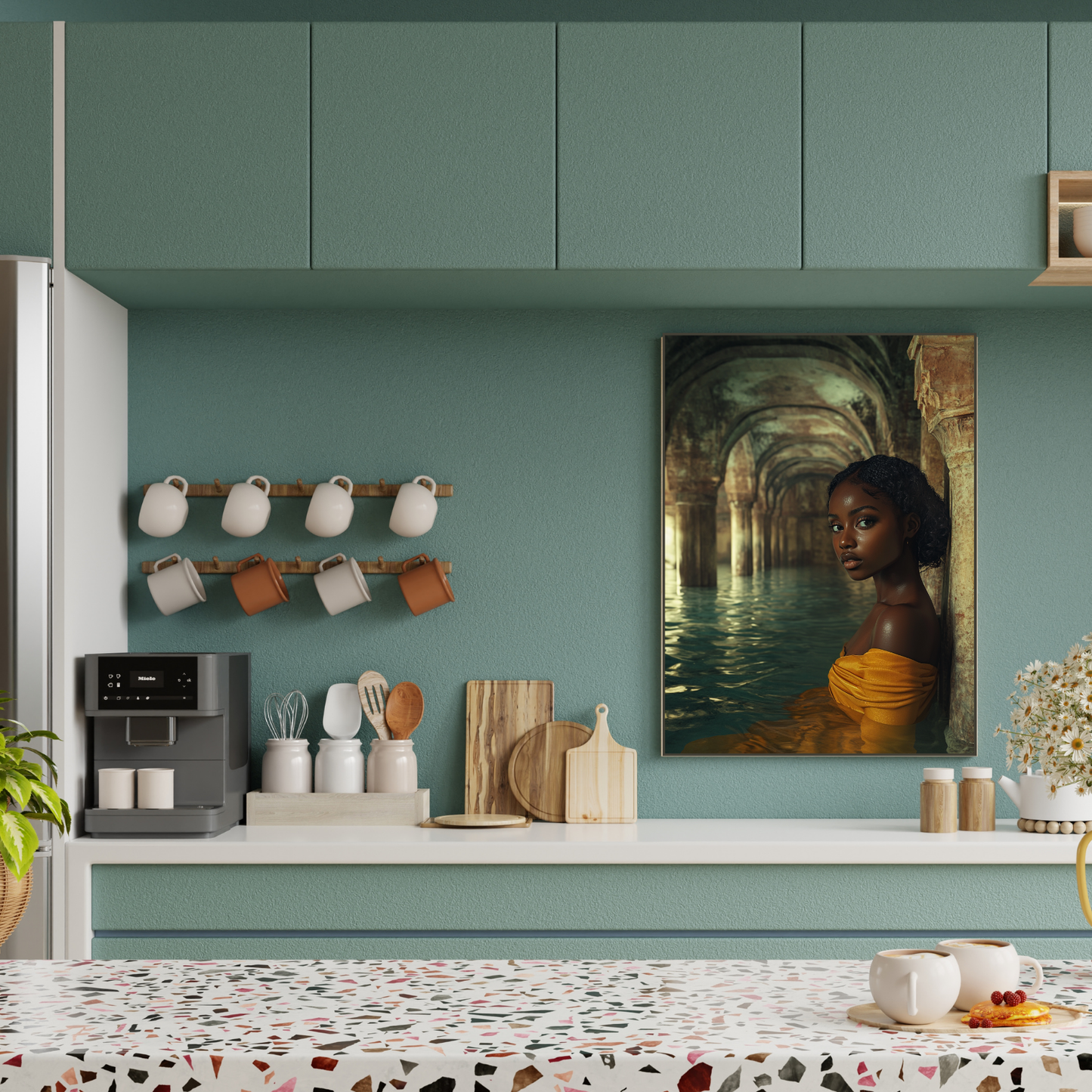 Golden Reverie: Muse in Mediterranean Solitude – Canvas Wall Art - Elegant Stretched Canvas Art Print