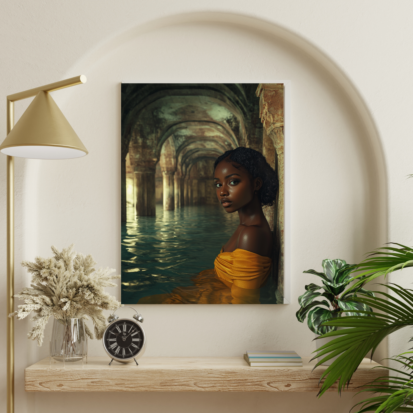 Golden Reverie: Muse in Mediterranean Solitude – Canvas Wall Art - Elegant Stretched Canvas Art Print