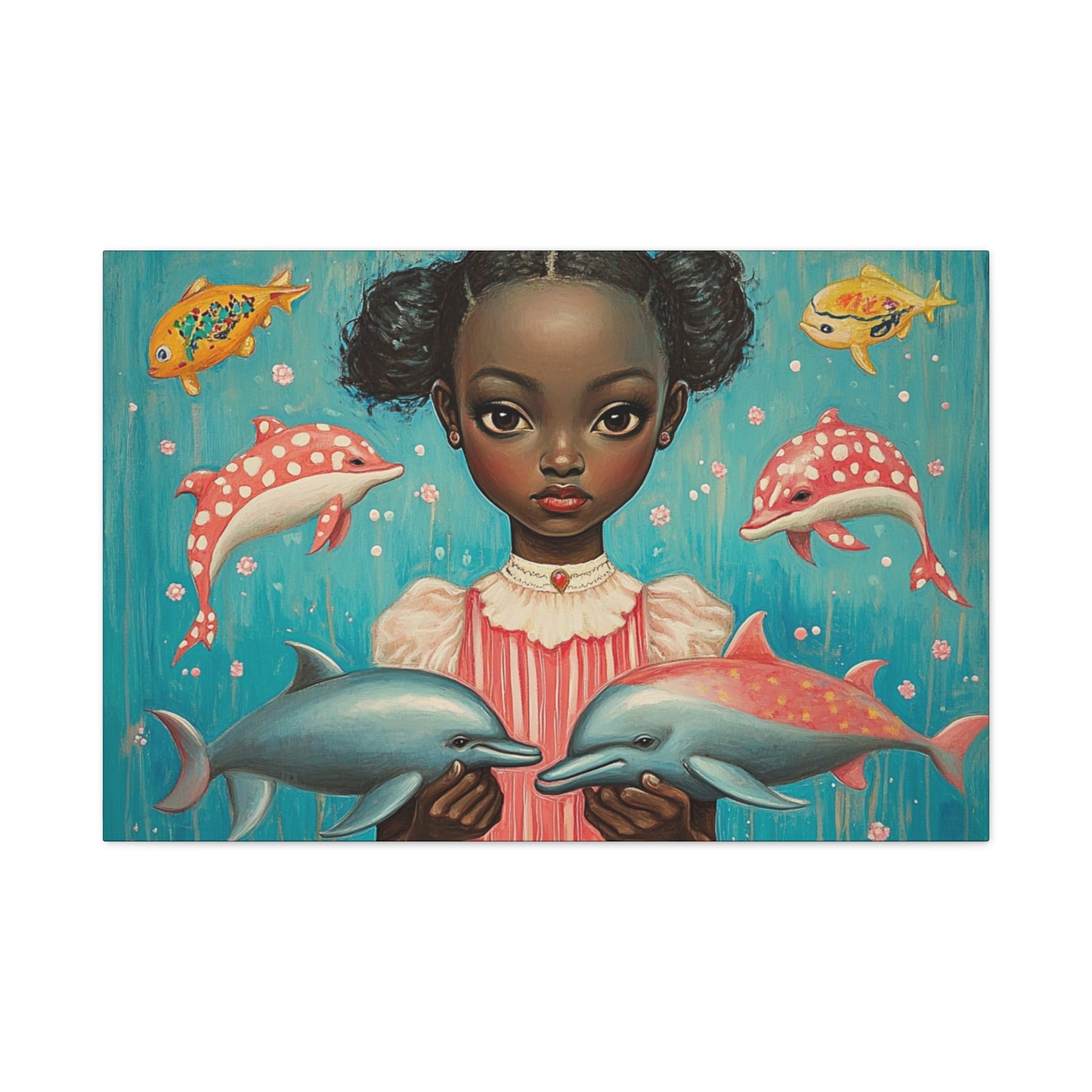On the Horizon - Stretched Canvas Art - Black Girl with Dolphins Underwater Fantasy - Depth 1.25"