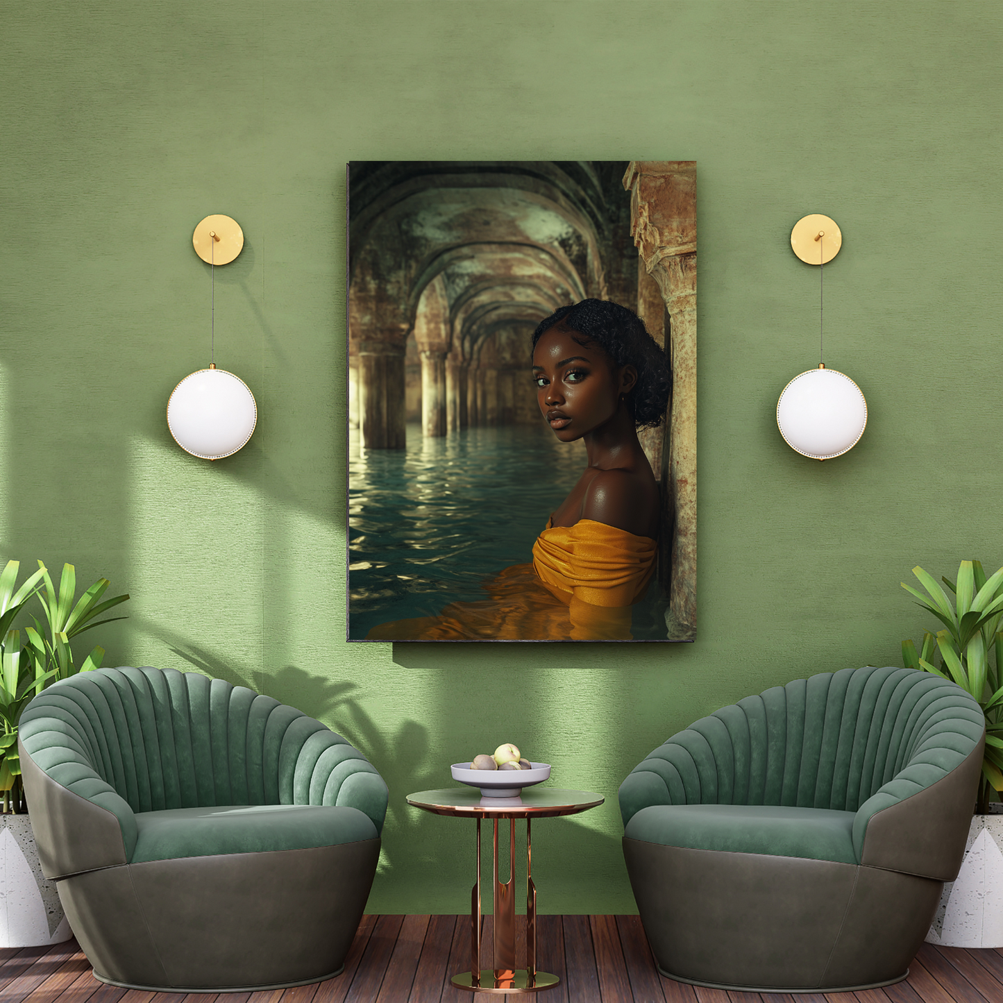Golden Reverie: Muse in Mediterranean Solitude – Canvas Wall Art - Elegant Stretched Canvas Art Print