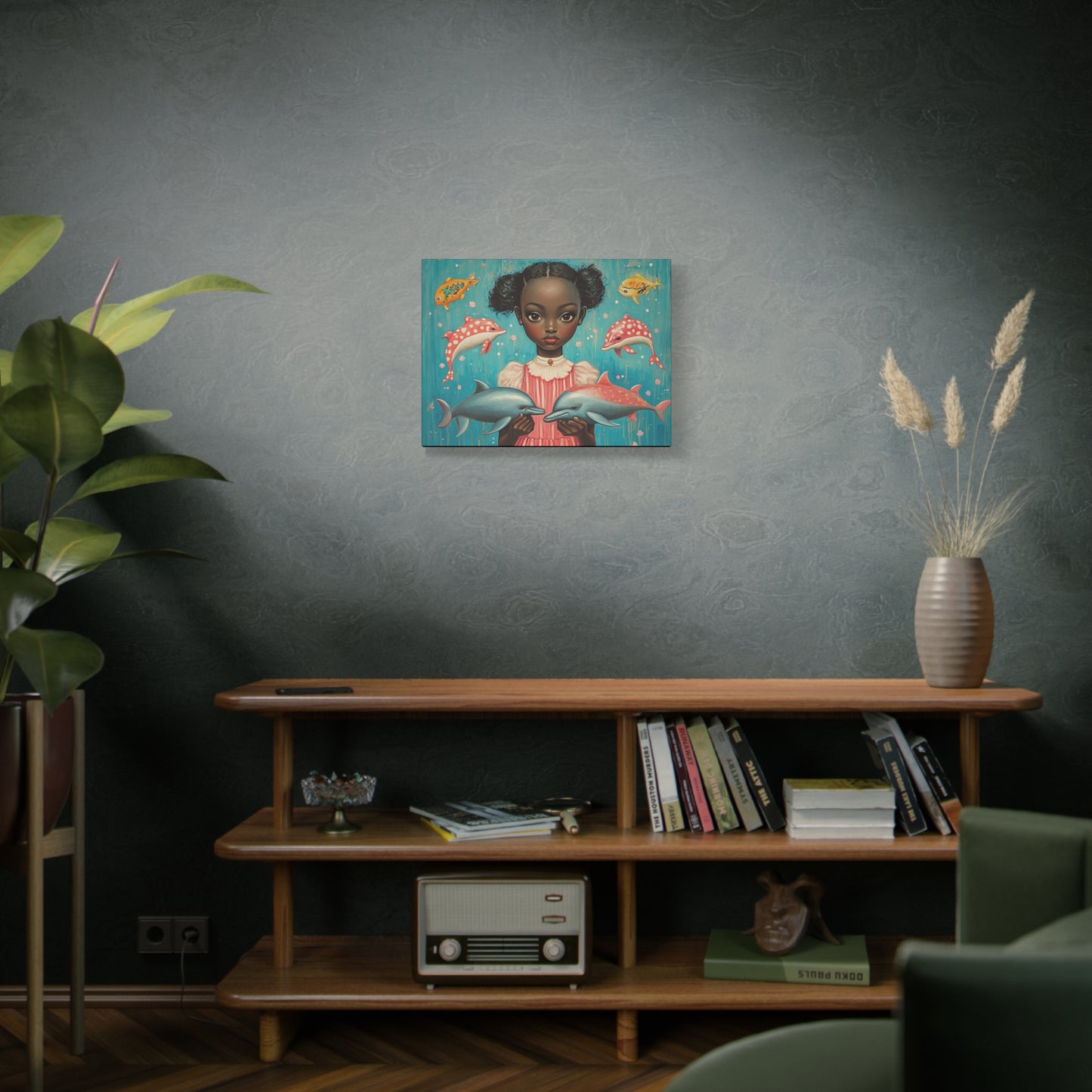 On the Horizon - Stretched Canvas Art - Black Girl with Dolphins Underwater Fantasy - Depth 1.25"
