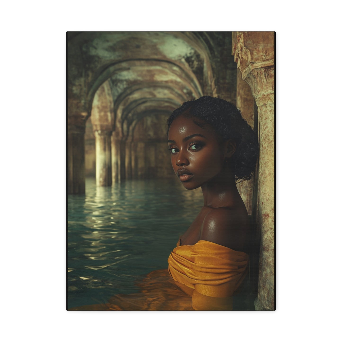 Golden Reverie: Muse in Mediterranean Solitude – Canvas Wall Art - Elegant Stretched Canvas Art Print