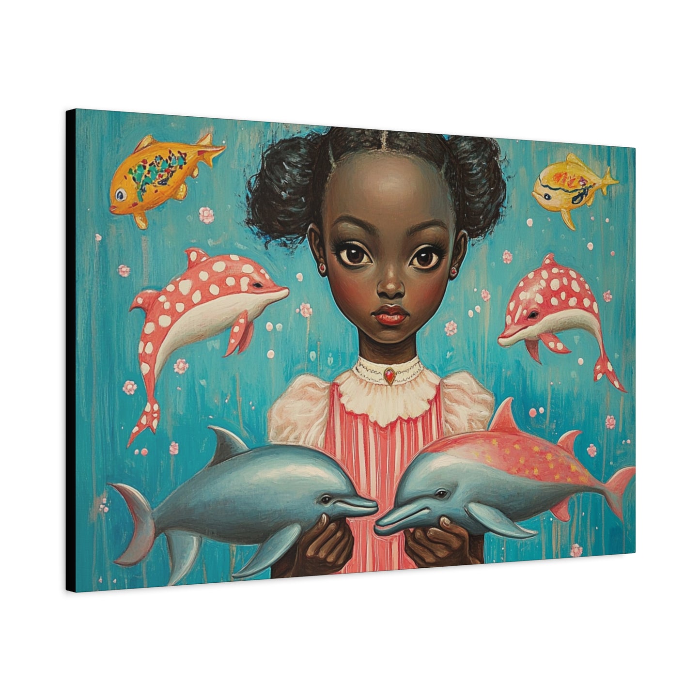 On the Horizon - Stretched Canvas Art - Black Girl with Dolphins Underwater Fantasy - Depth 1.25"