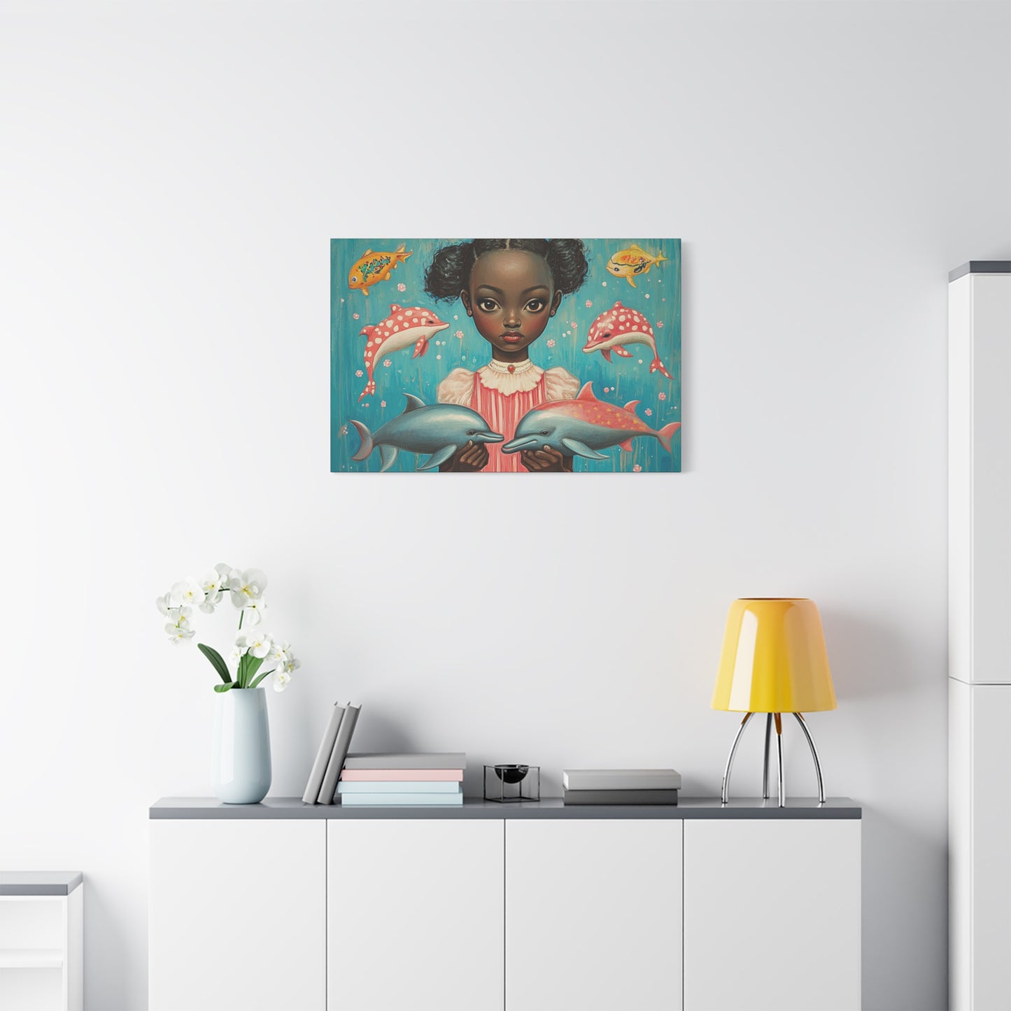 On the Horizon - Stretched Canvas Art - Black Girl with Dolphins Underwater Fantasy - Depth 1.25"
