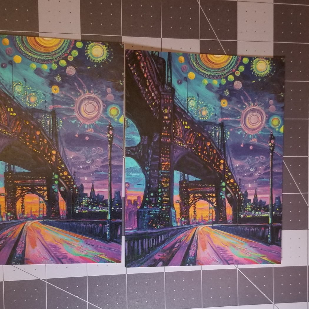 "Bright Lights" – Dreamy City Bridge Postcard | Surreal Nightscape Art Print