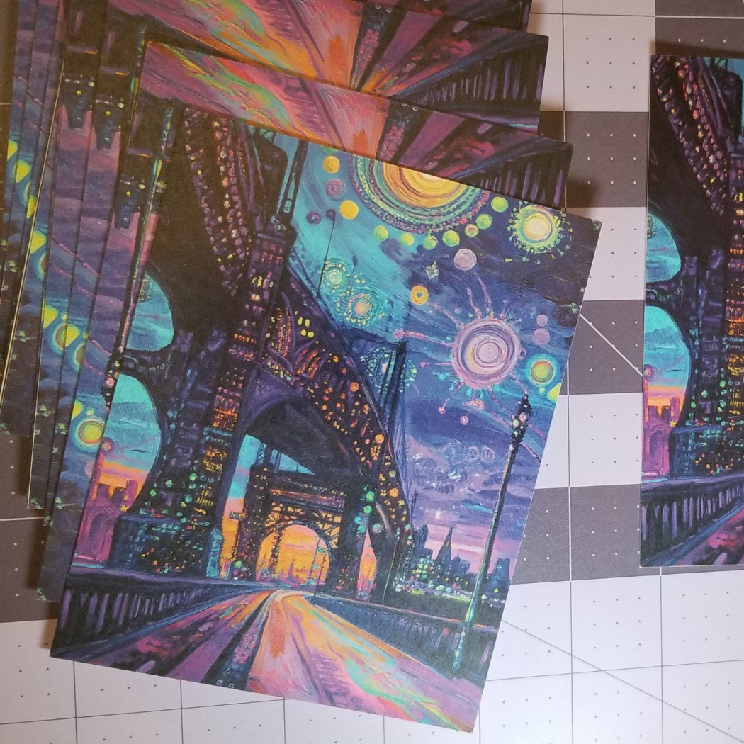 "Bright Lights" – Dreamy City Bridge Postcard | Surreal Nightscape Art Print