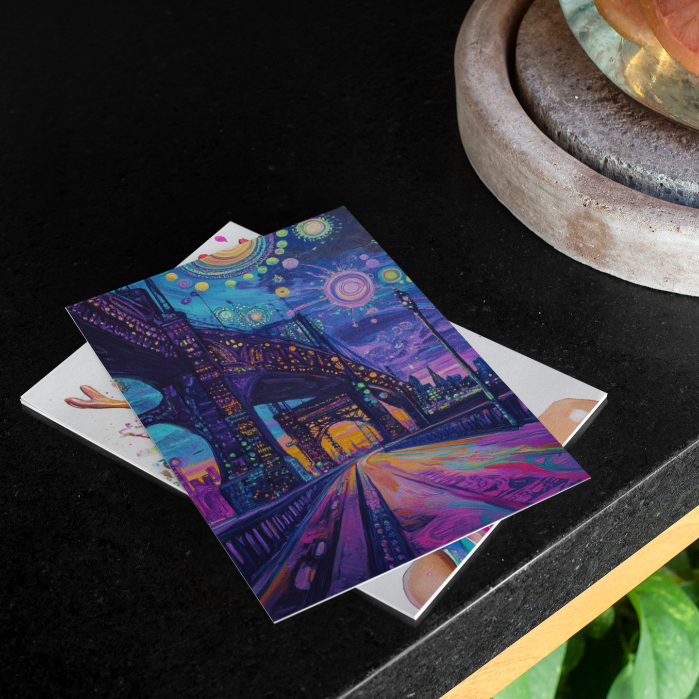 "Bright Lights" – Dreamy City Bridge Postcard | Surreal Nightscape Art Print