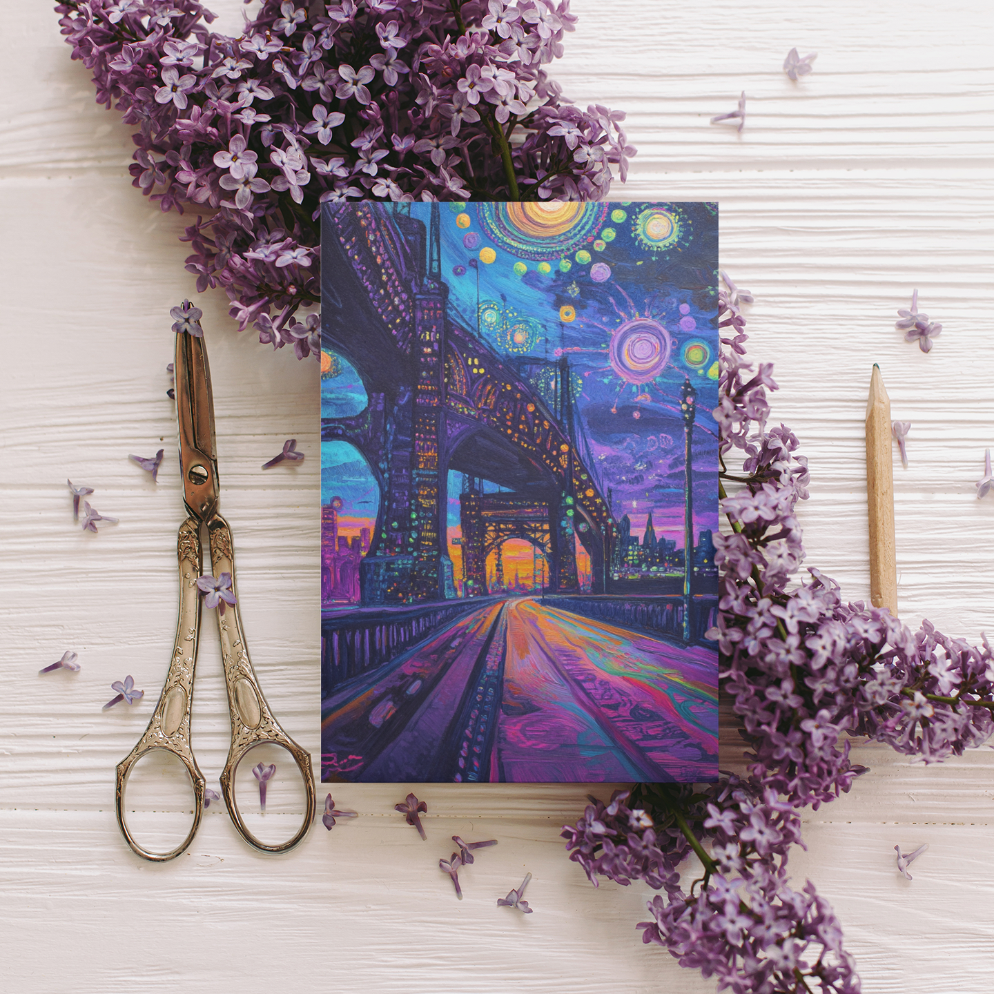 "Bright Lights" – Dreamy City Bridge Postcard | Surreal Nightscape Art Print