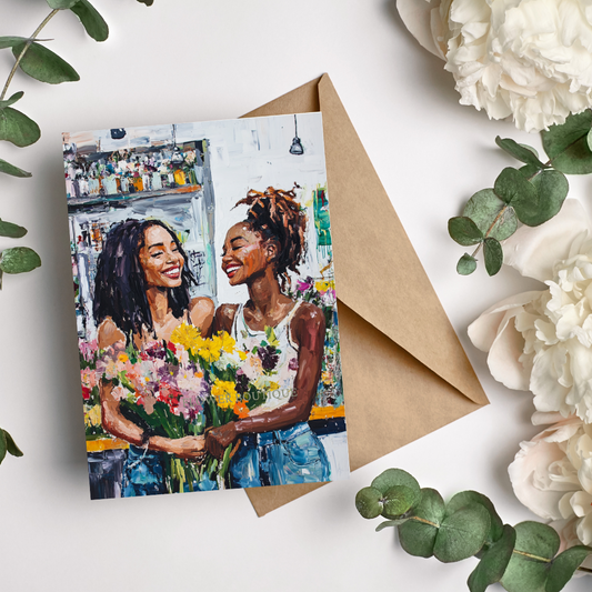 Afro Art Floral Illustration, Black Woman with Bouquet –Greeting Card for Appreciation & Gratitude