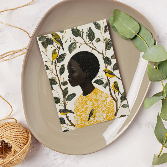 Of Bird and Bloom - Black Girl Art Postcard | Botanical Elegance and Quiet Beauty | Free Shipping