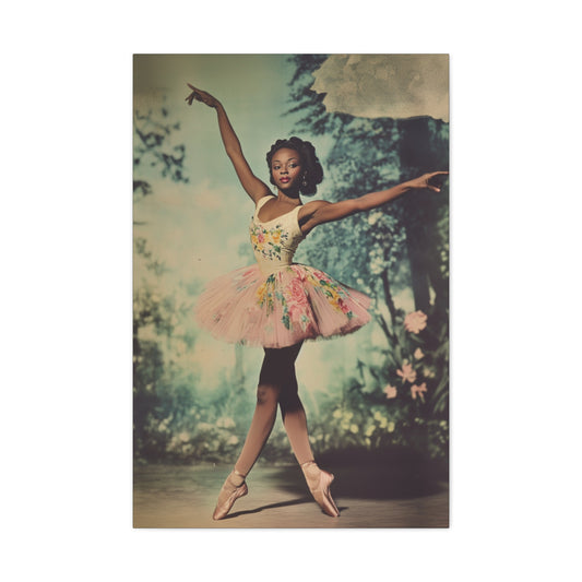 Vintage Floral Ballerina Canvas Art – Elegant Black Ballerina Wall Decor – Romantic Ballet Dancer Print for Home or Studio