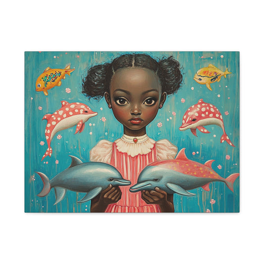 On the Horizon - Stretched Canvas Art - Black Girl with Dolphins Underwater Fantasy - Depth 1.25"