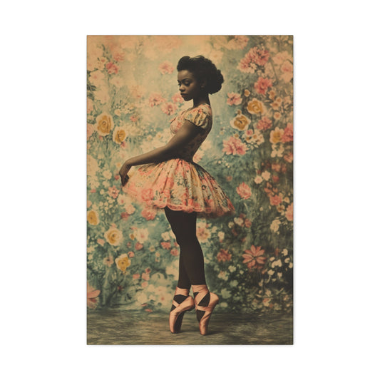 Floral Ballerina Art Print – Elegant Black Ballerina in Vintage Tutu – Afro Ballet Wall Art for Dance Lovers & Home Decor