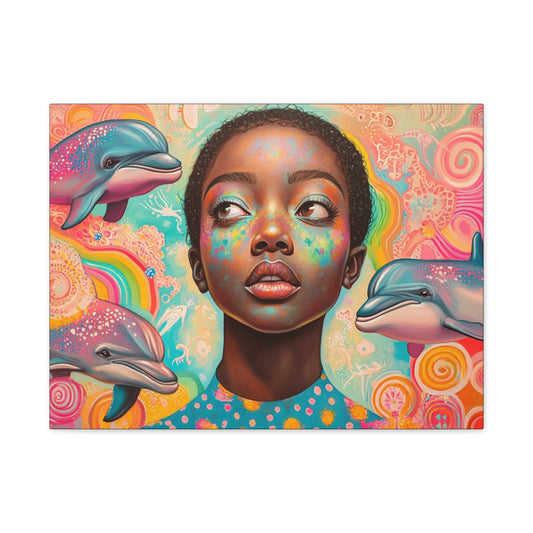 Dolphin & Dauphin - Elegant Stretched Canvas Art - Afro-Futurist Daydream Art