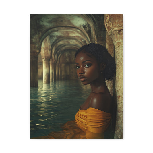 Golden Reverie: Muse in Mediterranean Solitude – Canvas Wall Art - Elegant Stretched Canvas Art Print