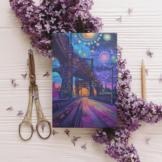 "Bright Lights" – Dreamy City Bridge Postcard | Surreal Nightscape Art Print